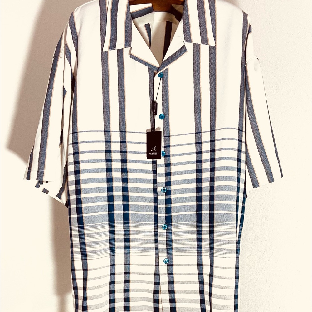 NWT Mens 3xl Montique Button Down Short Sleeve Shirt Dark Blue & White, Untuck